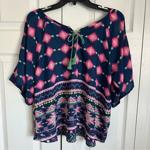 Liberty Love Womens Cold Shoulder Aztec Print Top Sz M Tasseled Boho Hippie